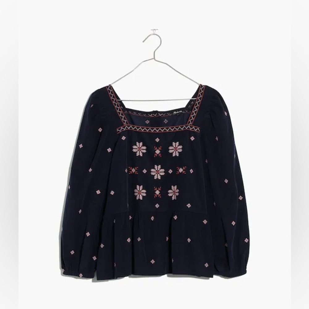 NWT Madewell Navy Blue Embroidered Plus Corduroy Button-Back Peplum Top 2X - Picture 4 of 8